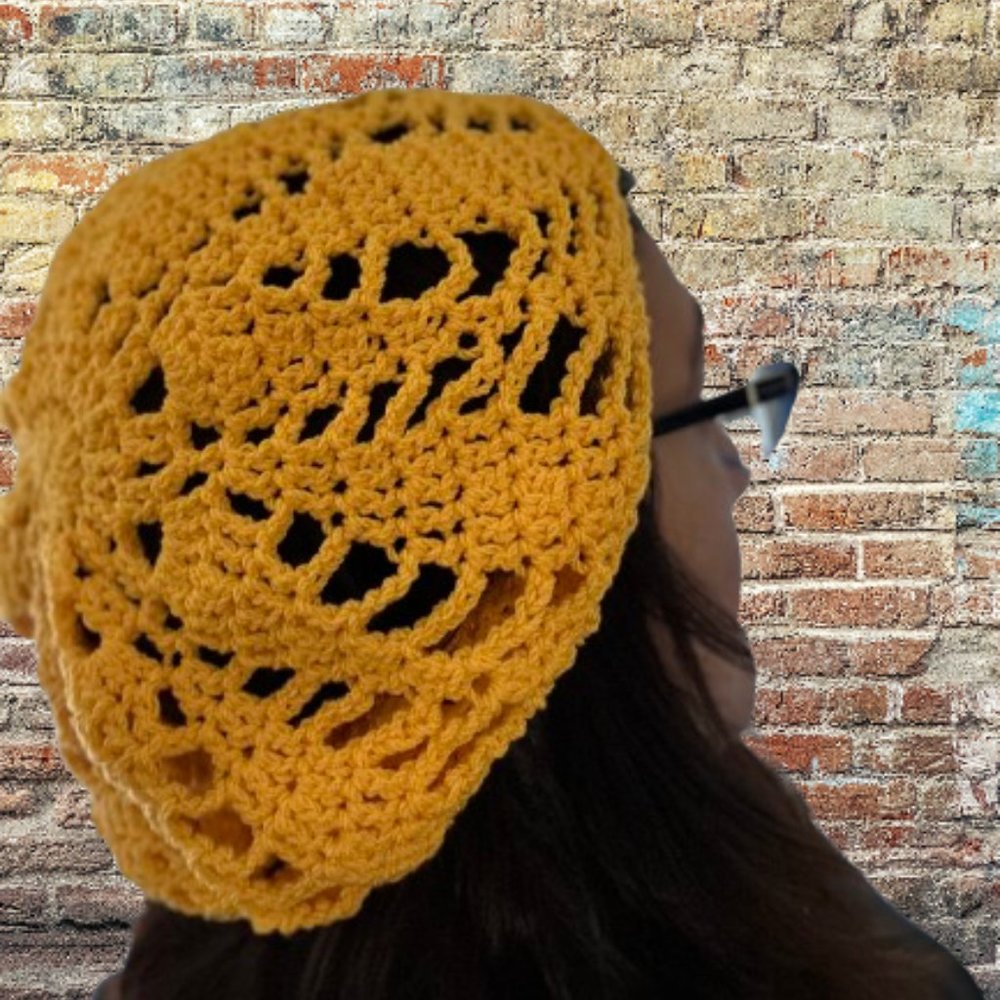 Handmade crochet yellow pineapple beret beanie slouchy hat one size fits most